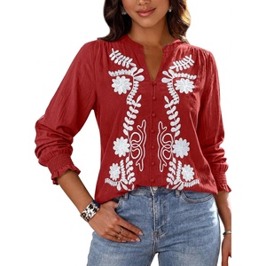 BTFBM Women’s 2026 Fall Tops Dressy Casual Floral Boho Embroidered Blouse | V Neck Puff Long Sleeve Button Down Shirts,Cute Holiday Outfits,Business Casual Blouses Work Clothes,Fall Fashion Clothing(Red)