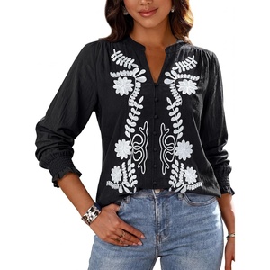 BTFBM Women’s 2026 Fall Tops Dressy Casual Floral Boho Embroidered Blouse | V Neck Puff Long Sleeve Button Down Shirts,Cute Holiday Outfits,Business Casual Blouses Work Clothes,Fall Fashion Clothing(Black)