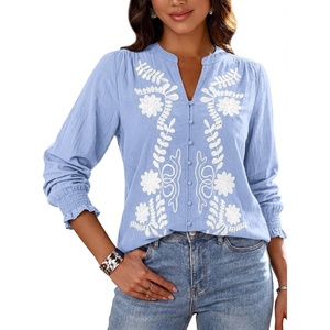 BTFBM Women’s 2026 Fall Tops Dressy Casual Floral Boho Embroidered Blouse | V Neck Puff Long Sleeve Button Down Shirts,Cute Holiday Outfits,Business Casual Blouses Work Clothes,Fall Fashion Clothing(Light Blue)
