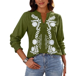 BTFBM Women’s 2026 Fall Tops Dressy Casual Floral Boho Embroidered Blouse | V Neck Puff Long Sleeve Button Down Shirts,Cute Holiday Outfits,Business Casual Blouses Work Clothes,Fall Fashion Clothing(Army Green)