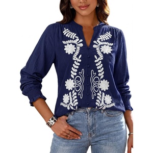 BTFBM Women’s 2026 Fall Tops Dressy Casual Floral Boho Embroidered Blouse | V Neck Puff Long Sleeve Button Down Shirts,Cute Holiday Outfits,Business Casual Blouses Work Clothes,Fall Fashion Clothing(Navy Blue)