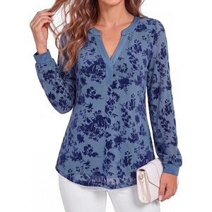 BTFBM Womens Tops Floral Sheer Mesh Long Sleeve Blouses Dressy Casual | V Neck Flocked Mesh Shirts,Velvet-Like Flowers,Double Layered,Loose Fit Tunics,Business Casual Top,Fall Fashion Clothing 2026(Grey Blue)