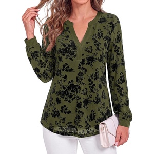 BTFBM Womens Tops Floral Sheer Mesh Long Sleeve Blouses Dressy Casual | V Neck Flocked Mesh Shirts,Velvet-Like Flowers,Double Layered,Loose Fit Tunics,Business Casual Top,Fall Fashion Clothing 2026(Army Green)