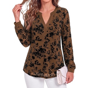 BTFBM Womens Tops Floral Sheer Mesh Long Sleeve Blouses Dressy Casual | V Neck Flocked Mesh Shirts,Velvet-Like Flowers,Double Layered,Loose Fit Tunics,Business Casual Top,Fall Fashion Clothing 2026(Brown)