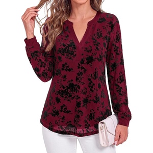 BTFBM Womens Tops Floral Sheer Mesh Long Sleeve Blouses Dressy Casual | V Neck Flocked Mesh Shirts,Velvet-Like Flowers,Double Layered,Loose Fit Tunics,Business Casual Top,Fall Fashion Clothing 2026(Burgundy)