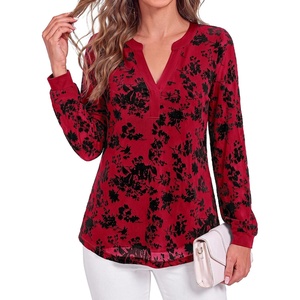BTFBM Womens Tops Floral Sheer Mesh Long Sleeve Blouses Dressy Casual | V Neck Flocked Mesh Shirts,Velvet-Like Flowers,Double Layered,Loose Fit Tunics,Business Casual Top,Fall Fashion Clothing 2026(Red)