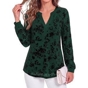 BTFBM Womens Tops Floral Sheer Mesh Long Sleeve Blouses Dressy Casual | V Neck Flocked Mesh Shirts,Velvet-Like Flowers,Double Layered,Loose Fit Tunics,Business Casual Top,Fall Fashion Clothing 2026(Dark Green)