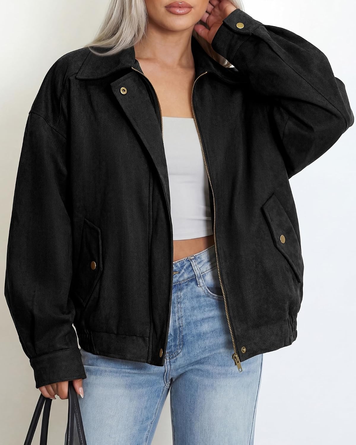 image:imageBTFBM Faux Suede Jacket Women Oversized Long Sleeve Bomber CoatsBlack