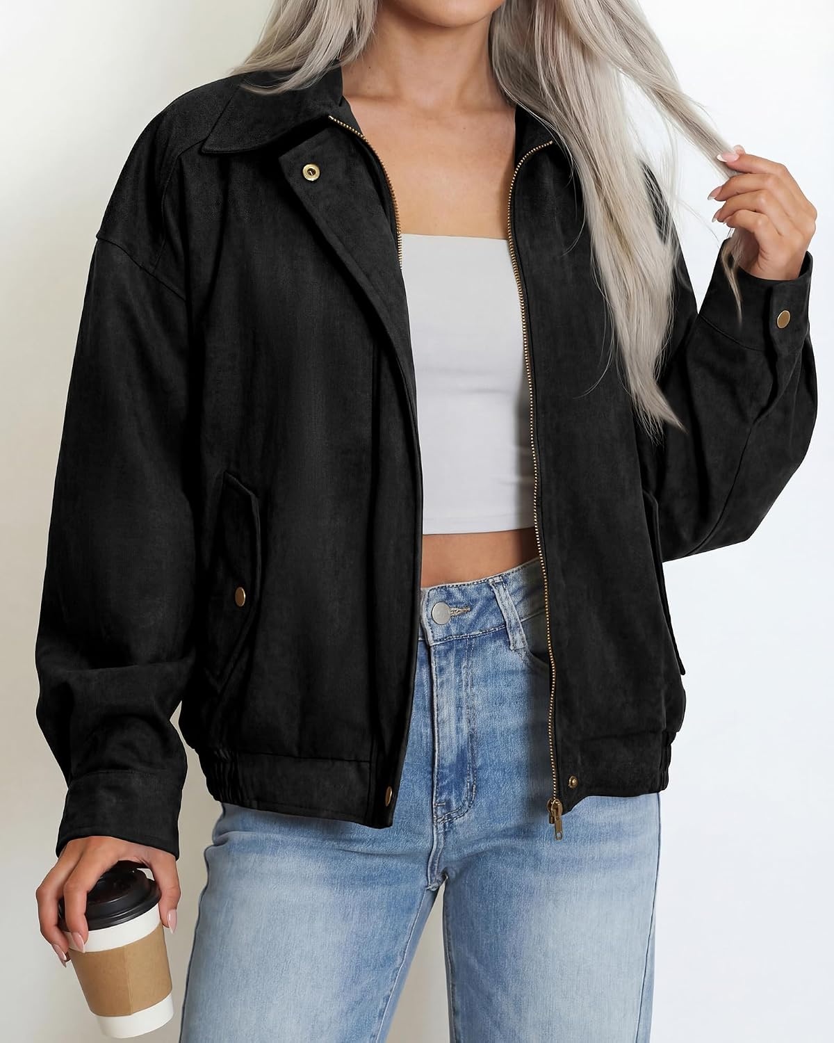 image:imageBTFBM Faux Suede Jacket Women Oversized Long Sleeve Bomber CoatsBlack