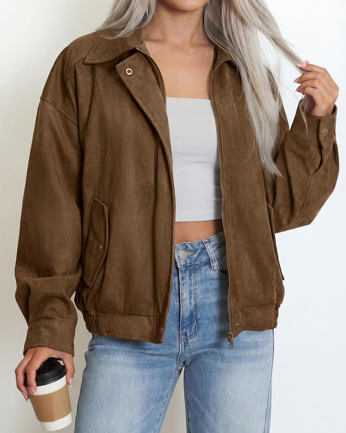 image:imageBTFBM Faux Suede Jacket Women Oversized Long Sleeve Bomber CoatsBrown