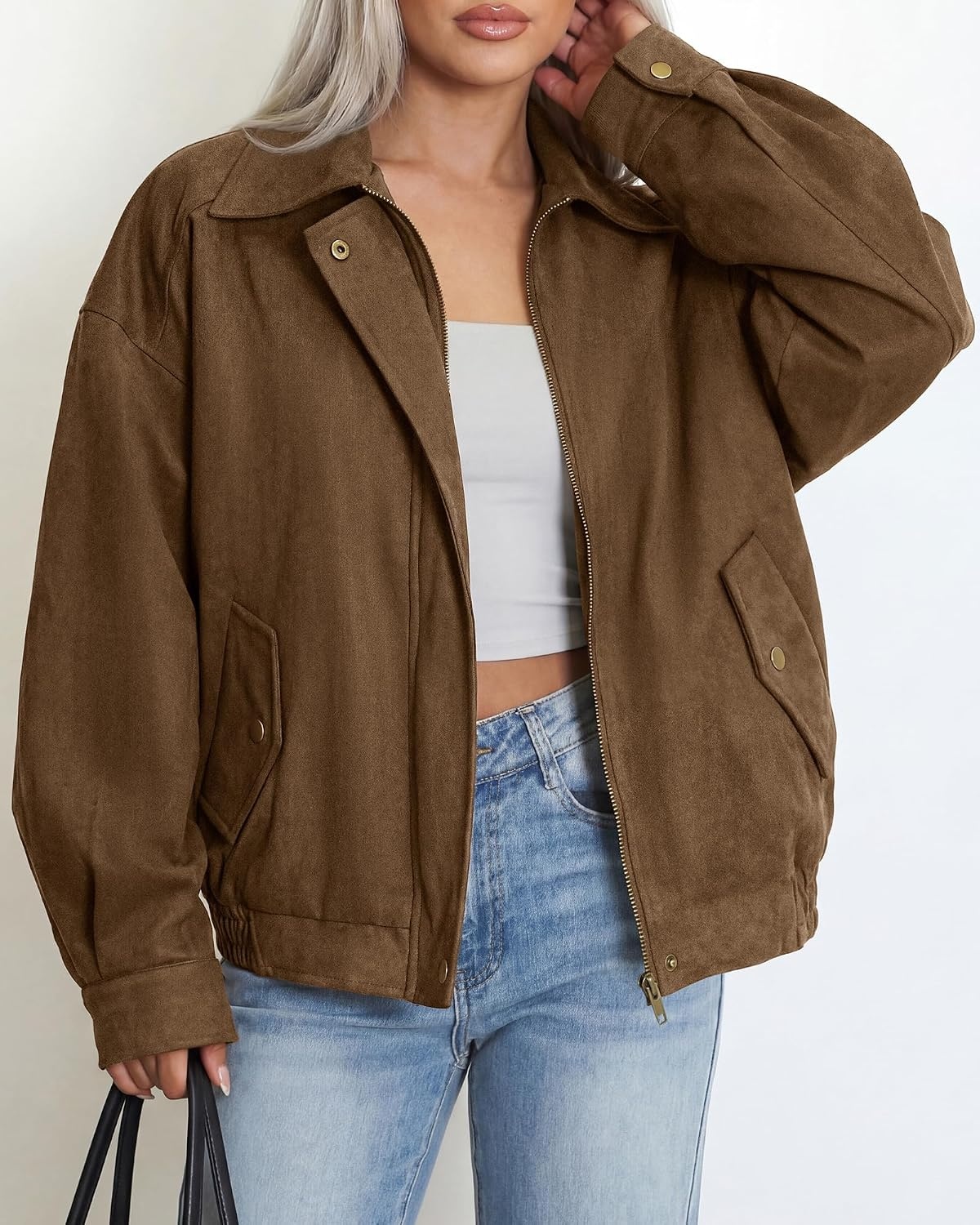 image:imageBTFBM Faux Suede Jacket Women Oversized Long Sleeve Bomber CoatsBrown