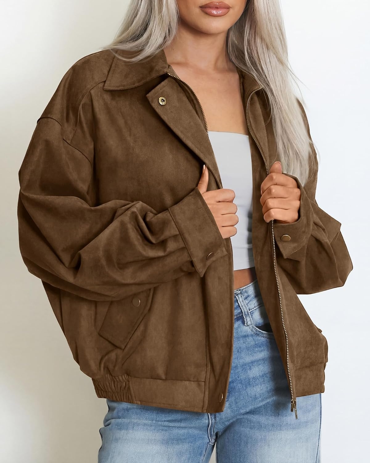 image:imageBTFBM Faux Suede Jacket Women Oversized Long Sleeve Bomber CoatsBrown