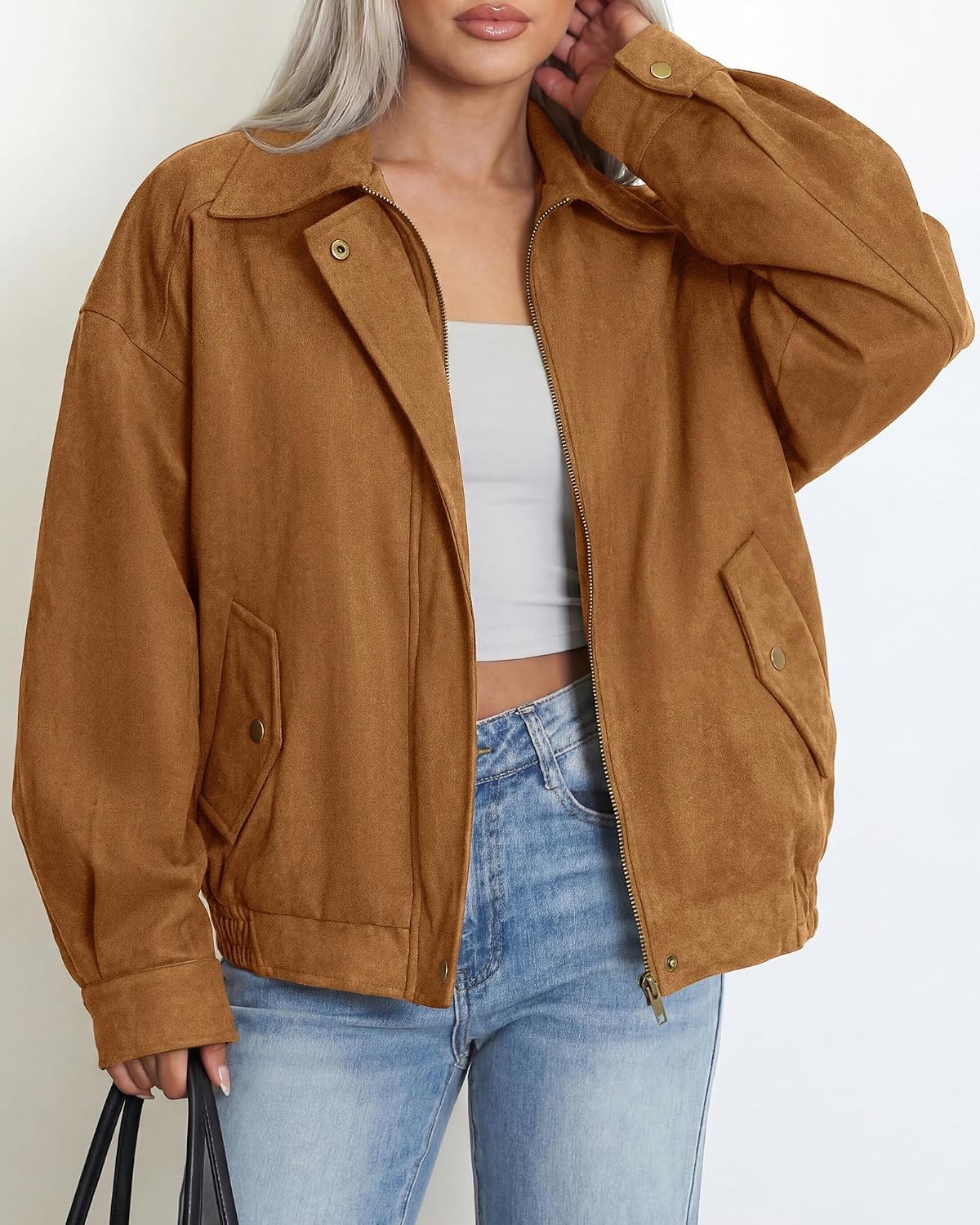 image:imageBTFBM Faux Suede Jacket Women Oversized Long Sleeve Bomber CoatsCamel