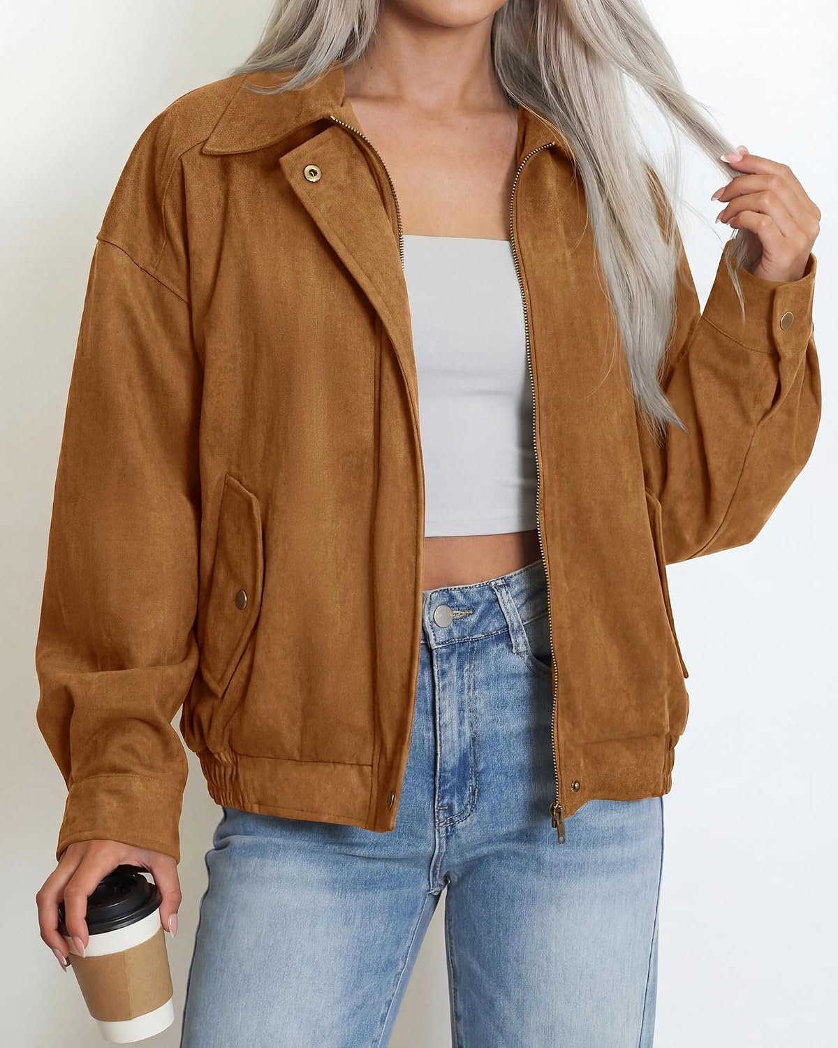 image:imageBTFBM Faux Suede Jacket Women Oversized Long Sleeve Bomber CoatsCamel