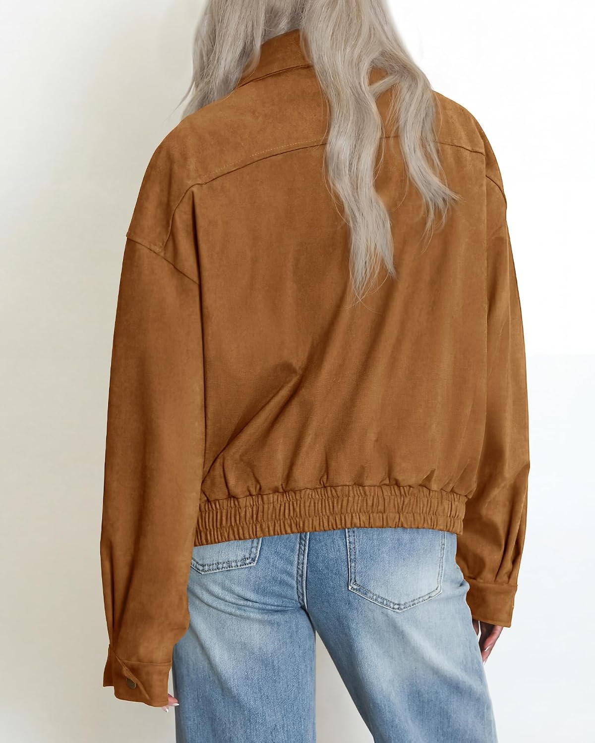 image:imageBTFBM Faux Suede Jacket Women Oversized Long Sleeve Bomber CoatsCamel