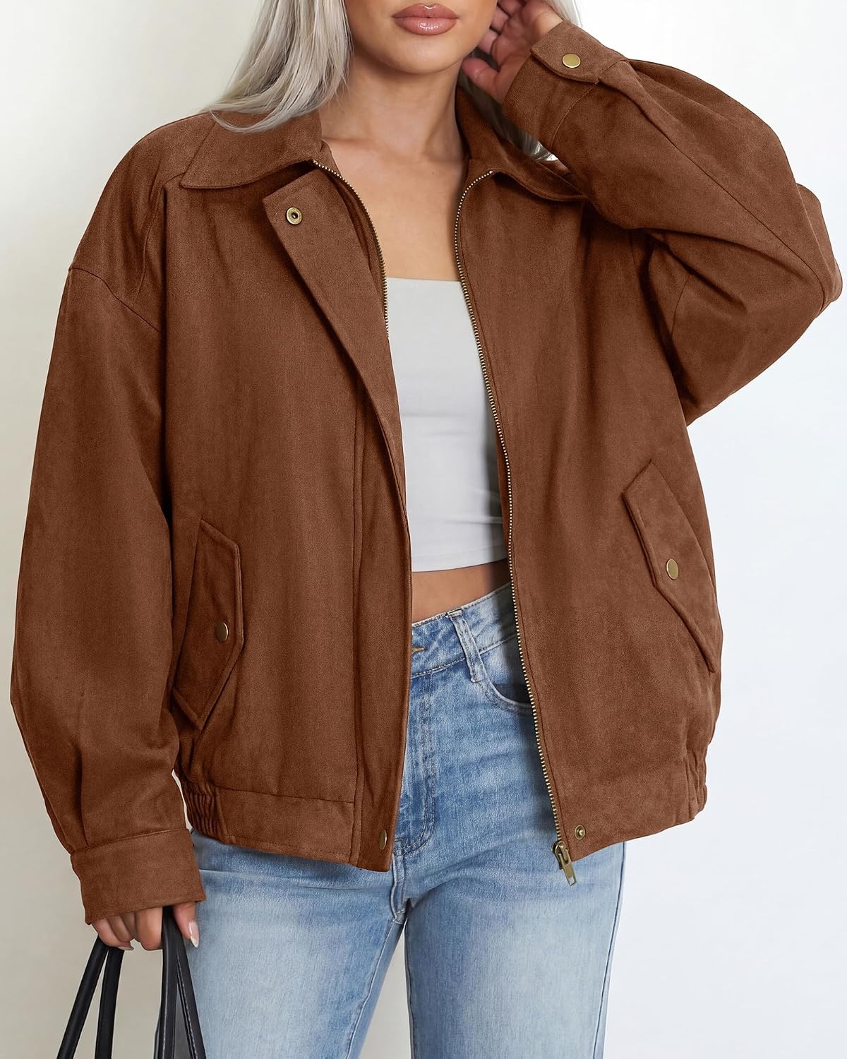 image:imageBTFBM Faux Suede Jacket Women Oversized Long Sleeve Bomber CoatsCoffee