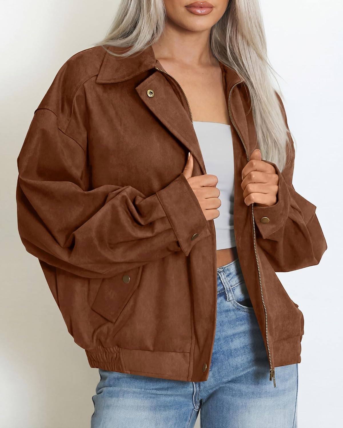image:imageBTFBM Faux Suede Jacket Women Oversized Long Sleeve Bomber CoatsCoffee