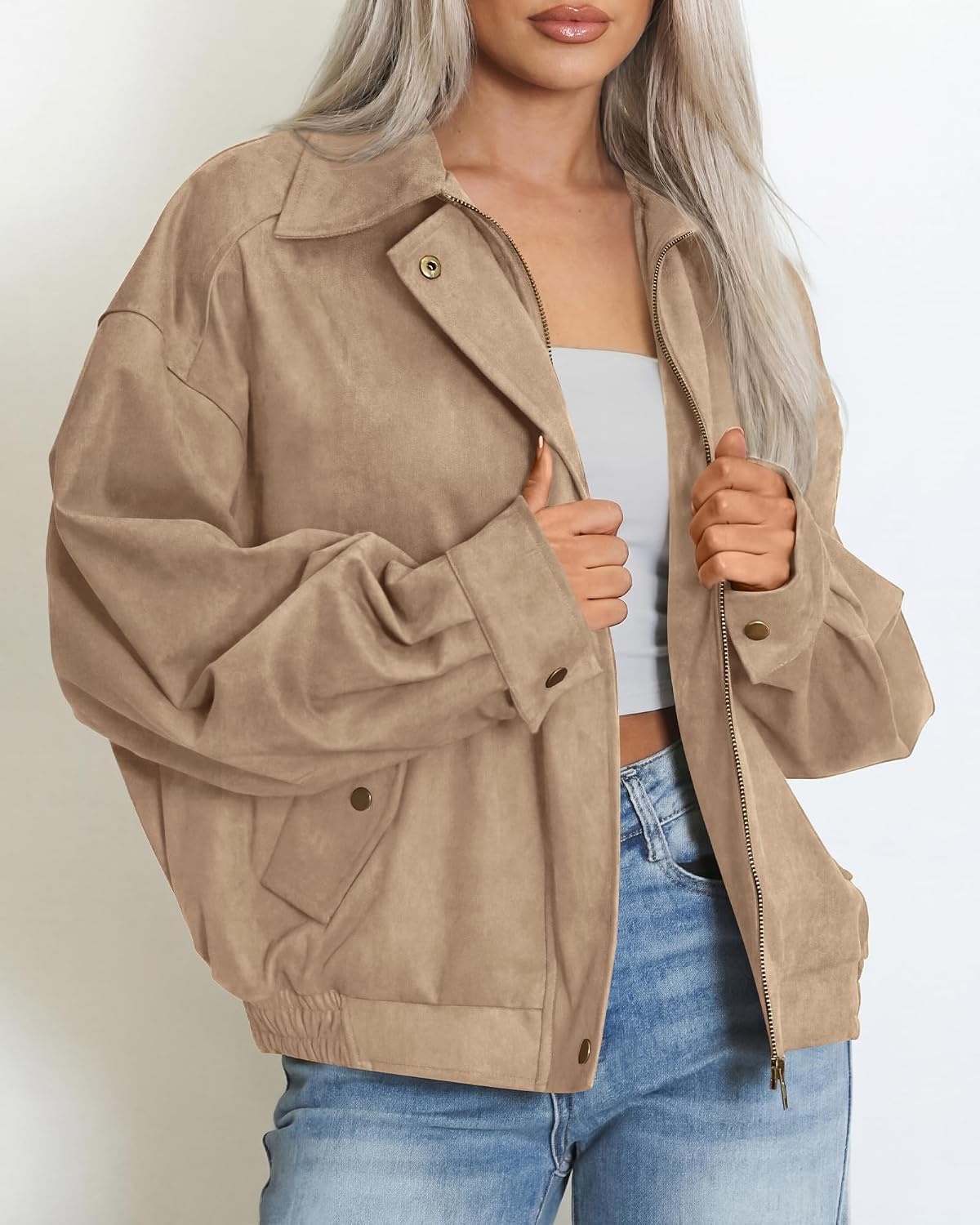 image:imageBTFBM Faux Suede Jacket Women Oversized Long Sleeve Bomber CoatsLight Khaki