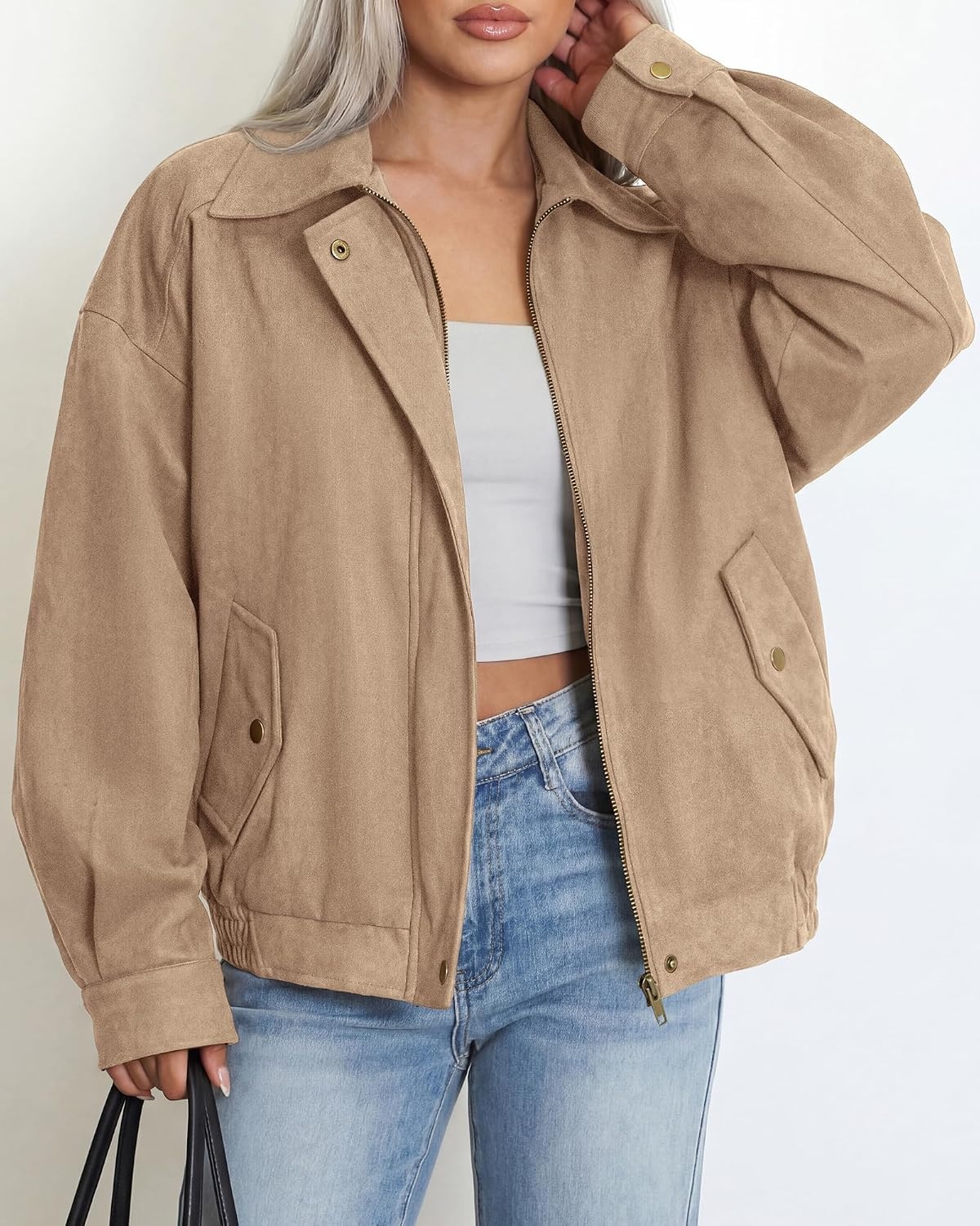 image:imageBTFBM Faux Suede Jacket Women Oversized Long Sleeve Bomber CoatsLight Khaki