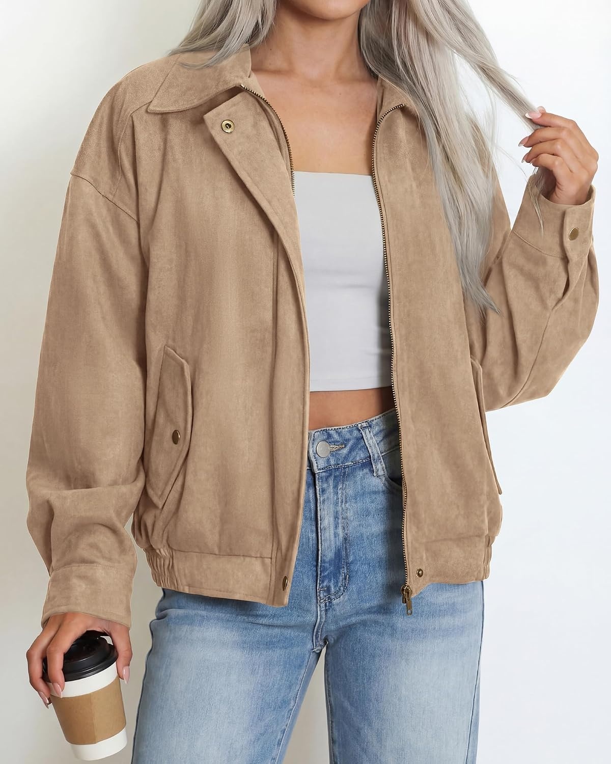 image:imageBTFBM Faux Suede Jacket Women Oversized Long Sleeve Bomber CoatsLight Khaki