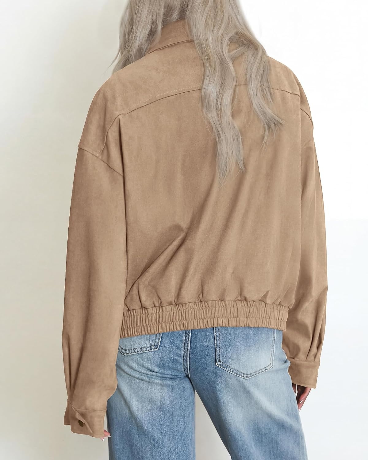 image:imageBTFBM Faux Suede Jacket Women Oversized Long Sleeve Bomber CoatsLight Khaki