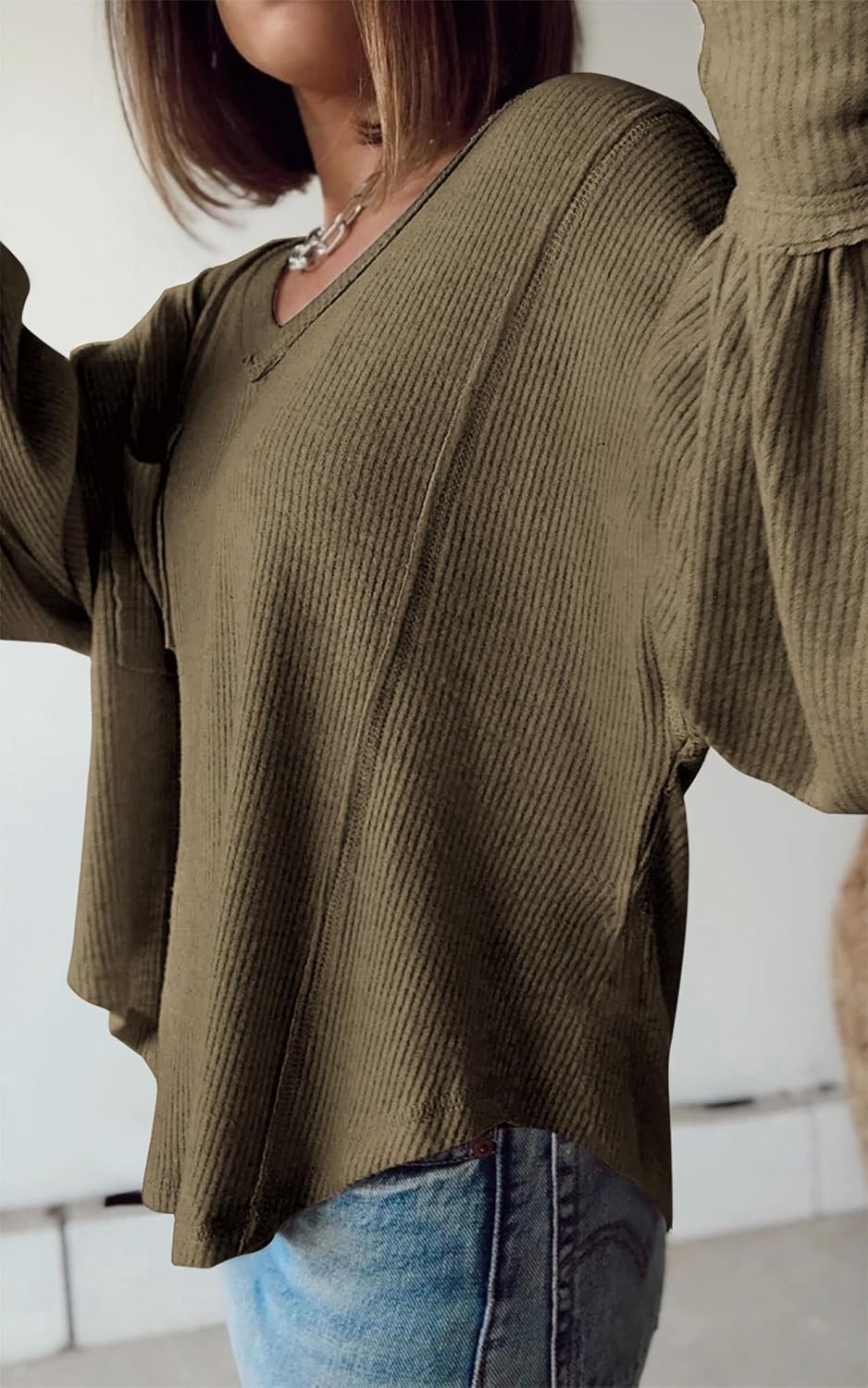 image:imageBTFBM Long Sleeve Shirts for Women 2026 Fall TopsSolid Army Green