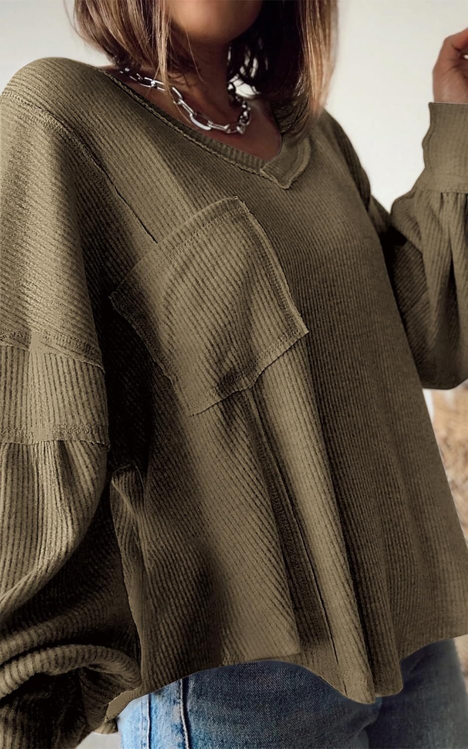 image:imageBTFBM Long Sleeve Shirts for Women 2026 Fall TopsSolid Army Green