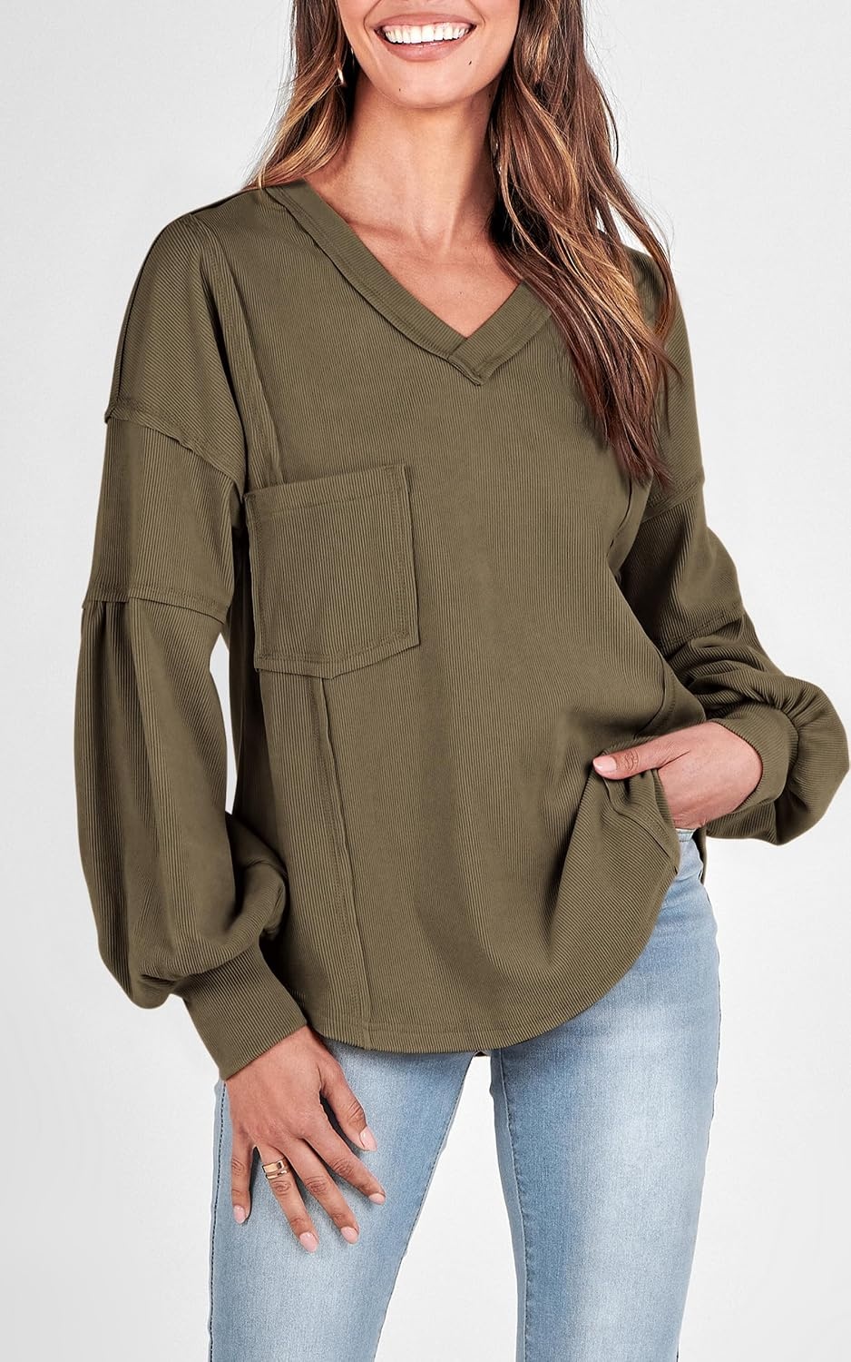 image:imageBTFBM Long Sleeve Shirts for Women 2026 Fall TopsSolid Army Green