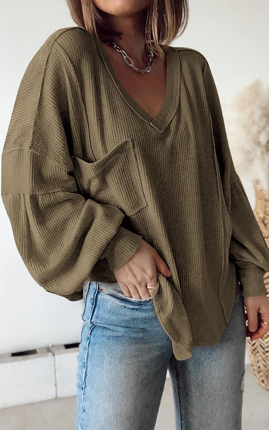 image:imageBTFBM Long Sleeve Shirts for Women 2026 Fall TopsSolid Army Green