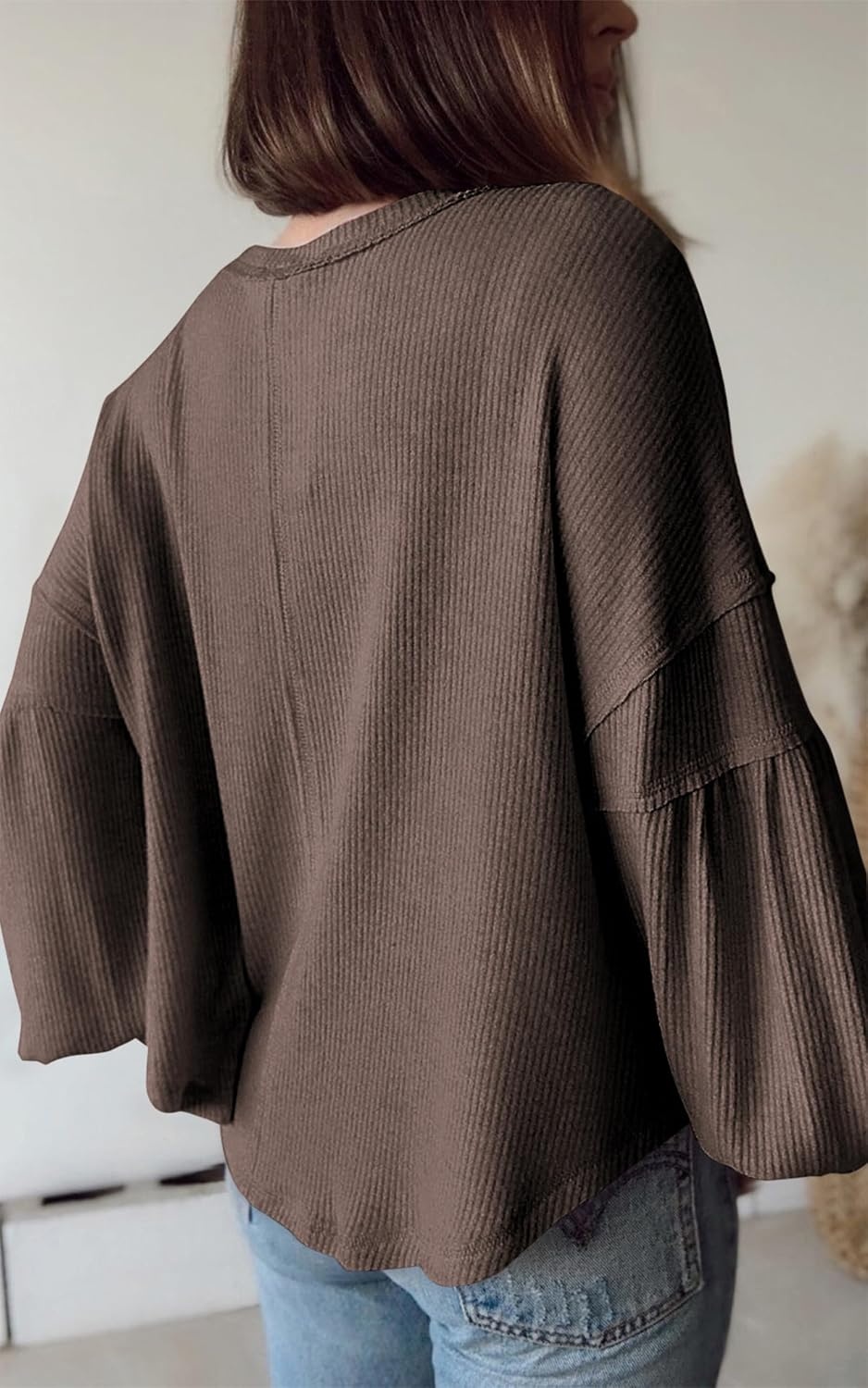 image:imageBTFBM Long Sleeve Shirts for Women 2026 Fall TopsSolid Brown