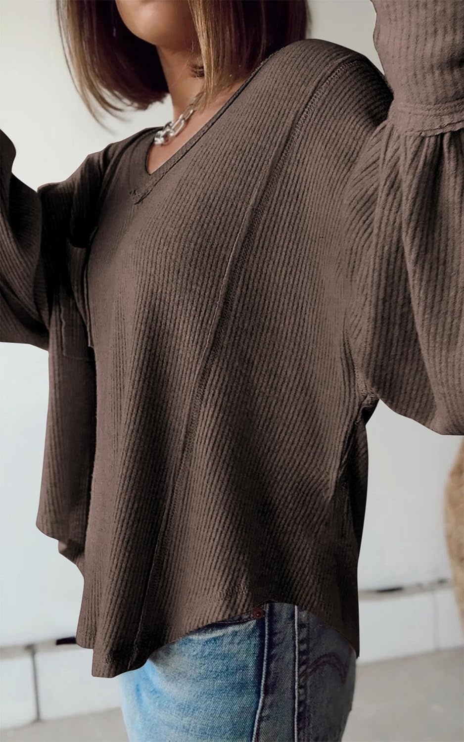 image:imageBTFBM Long Sleeve Shirts for Women 2026 Fall TopsSolid Brown