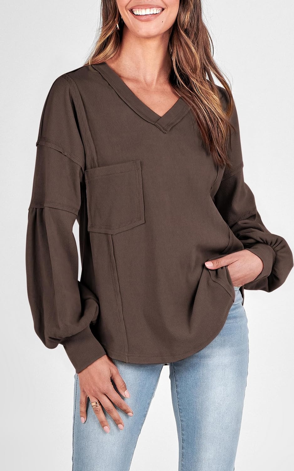 image:imageBTFBM Long Sleeve Shirts for Women 2026 Fall TopsSolid Brown