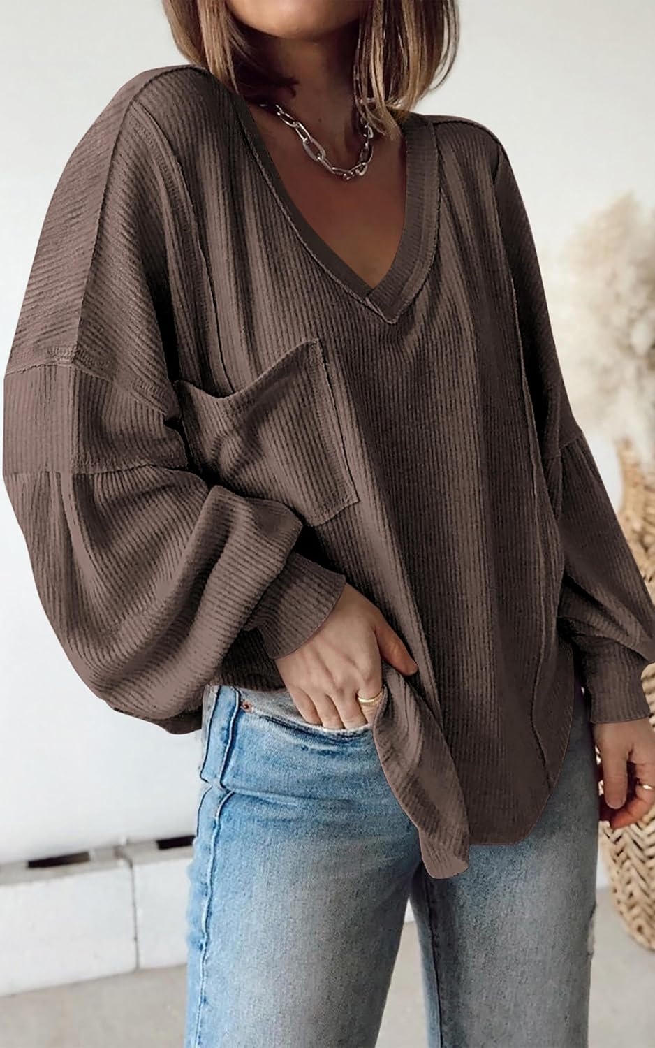 image:imageBTFBM Long Sleeve Shirts for Women 2026 Fall TopsSolid Brown