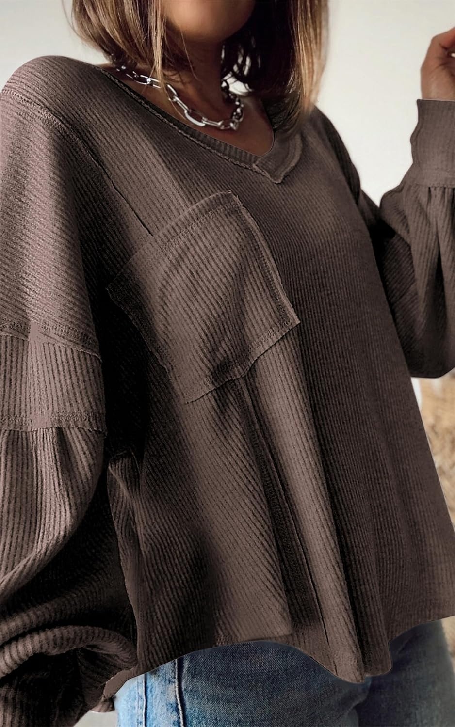 image:imageBTFBM Long Sleeve Shirts for Women 2026 Fall TopsSolid Brown