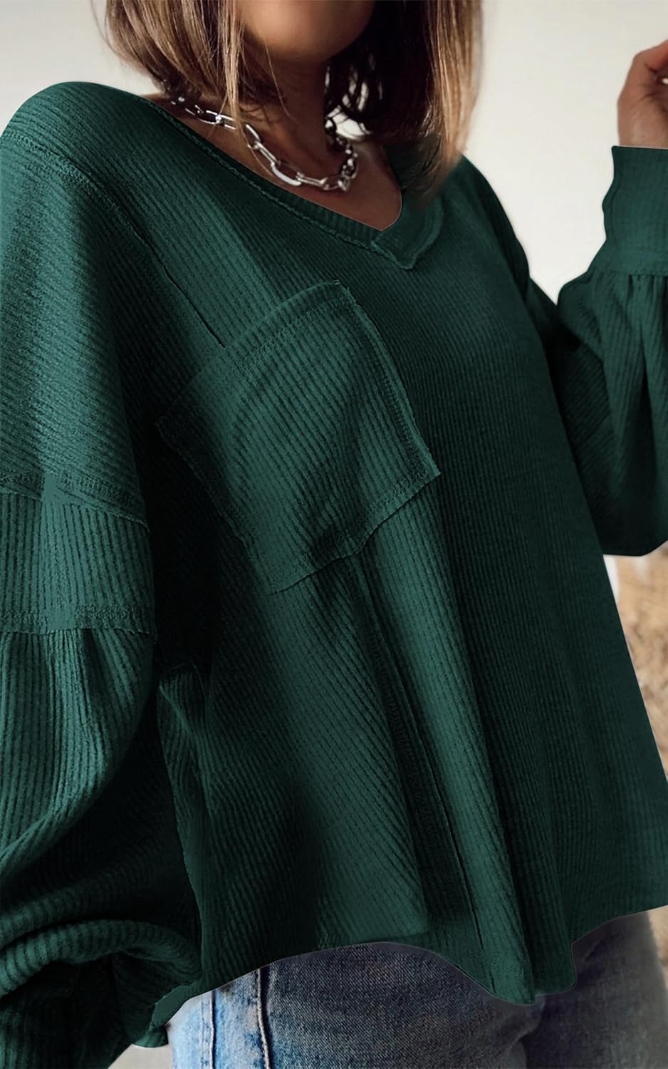 image:imageBTFBM Long Sleeve Shirts for Women 2026 Fall TopsSolid Dark Green
