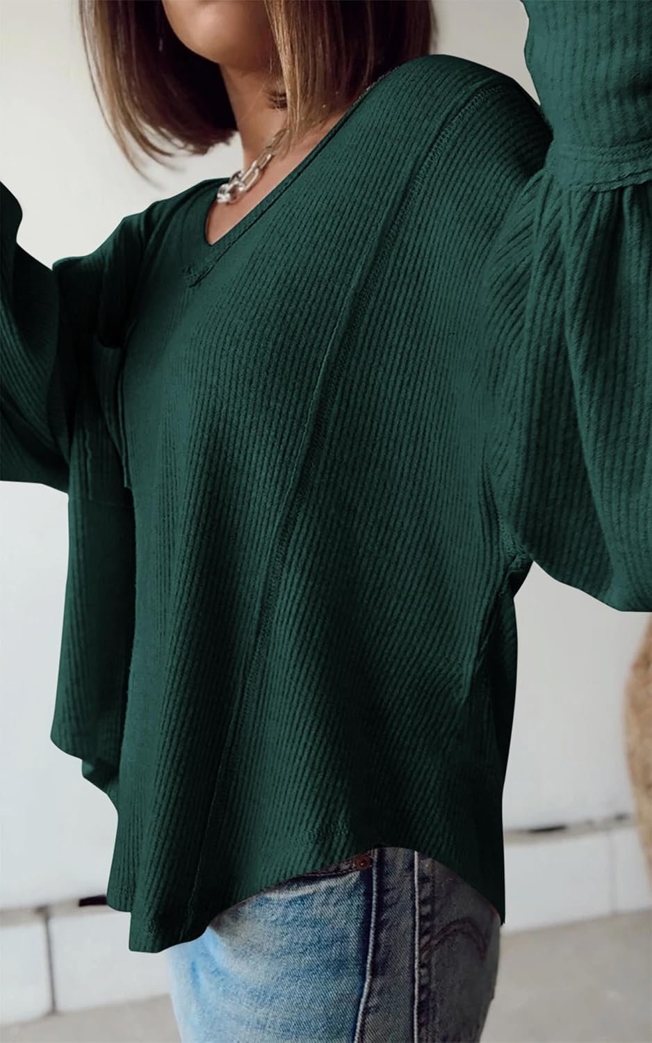 image:imageBTFBM Long Sleeve Shirts for Women 2026 Fall TopsSolid Dark Green