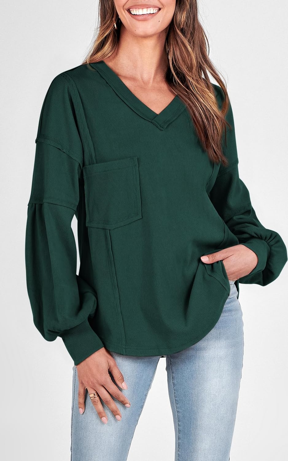 image:imageBTFBM Long Sleeve Shirts for Women 2026 Fall TopsSolid Dark Green