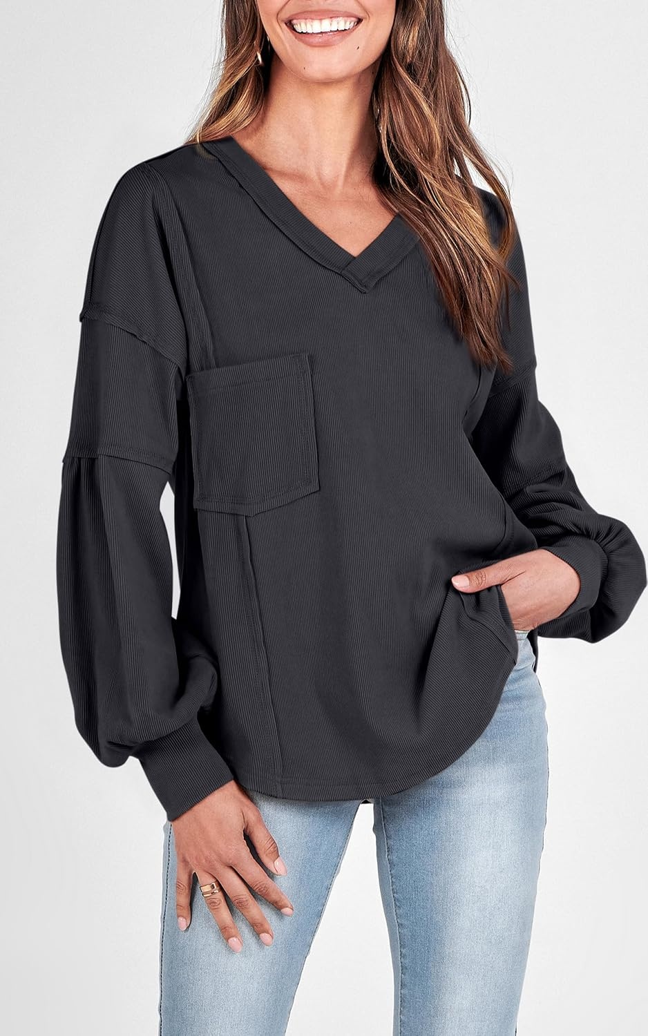image:imageBTFBM Long Sleeve Shirts for Women 2026 Fall TopsSolid Dark Grey
