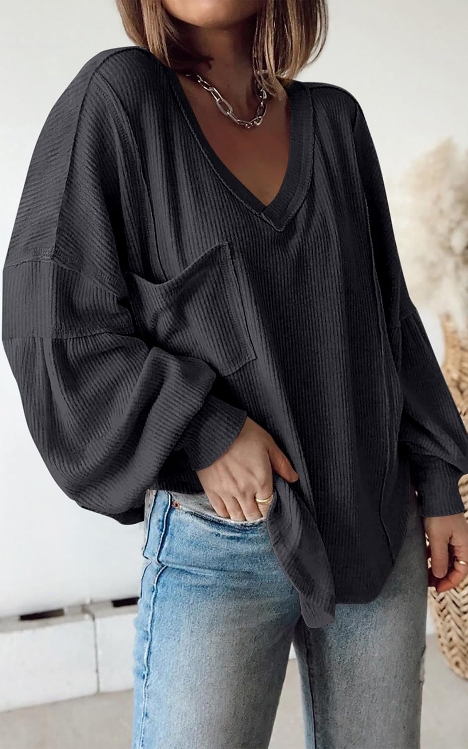 image:imageBTFBM Long Sleeve Shirts for Women 2026 Fall TopsSolid Dark Grey