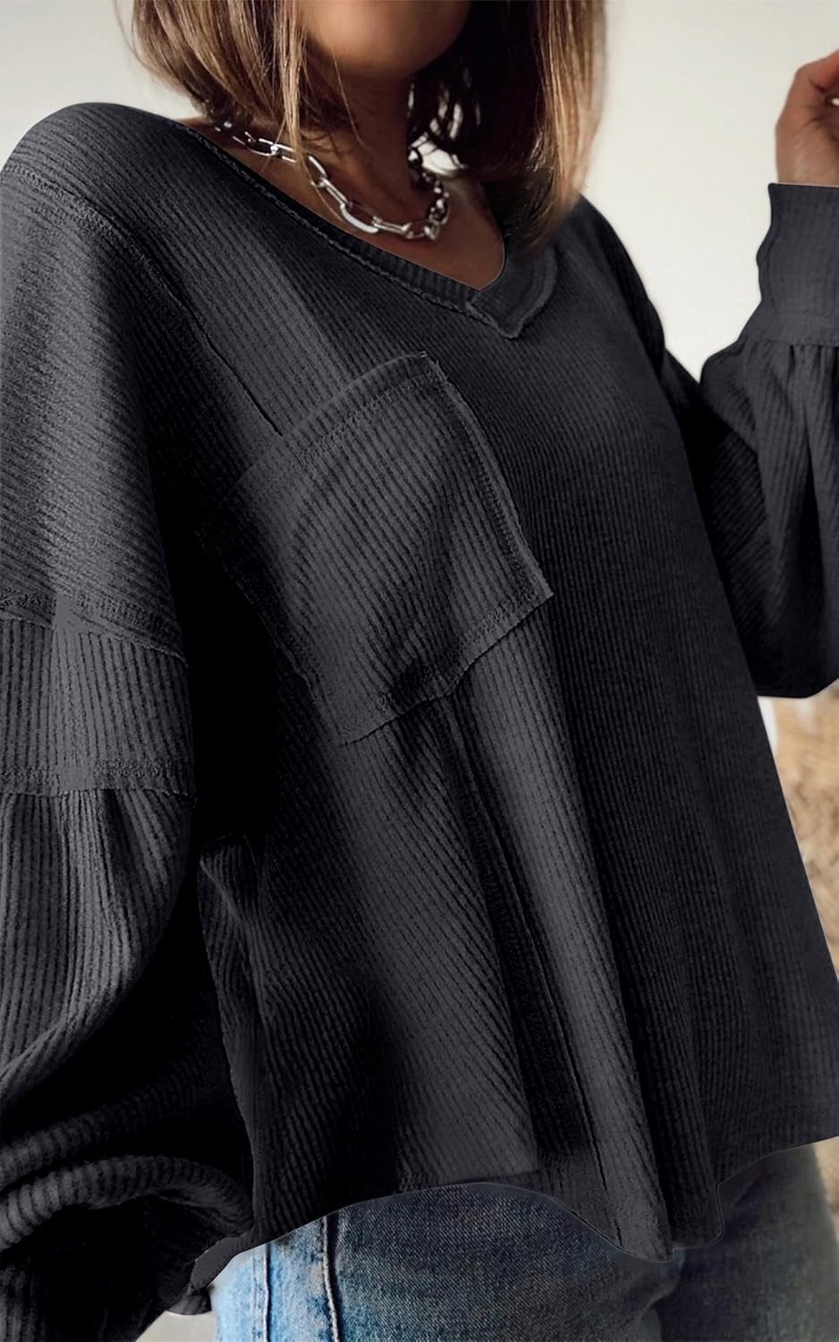 image:imageBTFBM Long Sleeve Shirts for Women 2026 Fall TopsSolid Dark Grey