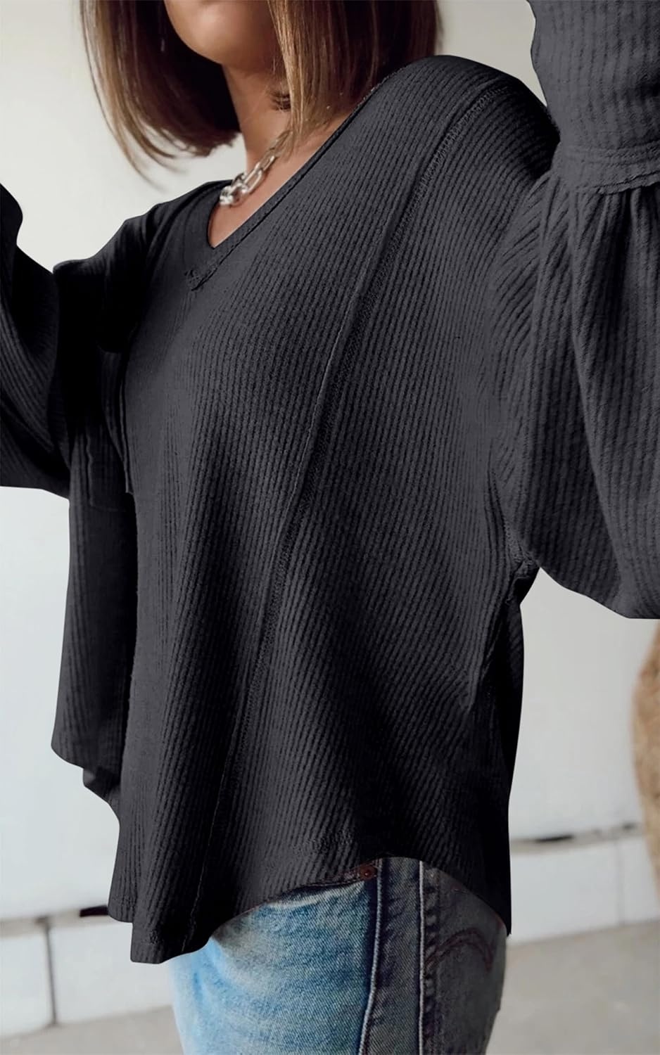 image:imageBTFBM Long Sleeve Shirts for Women 2026 Fall TopsSolid Dark Grey