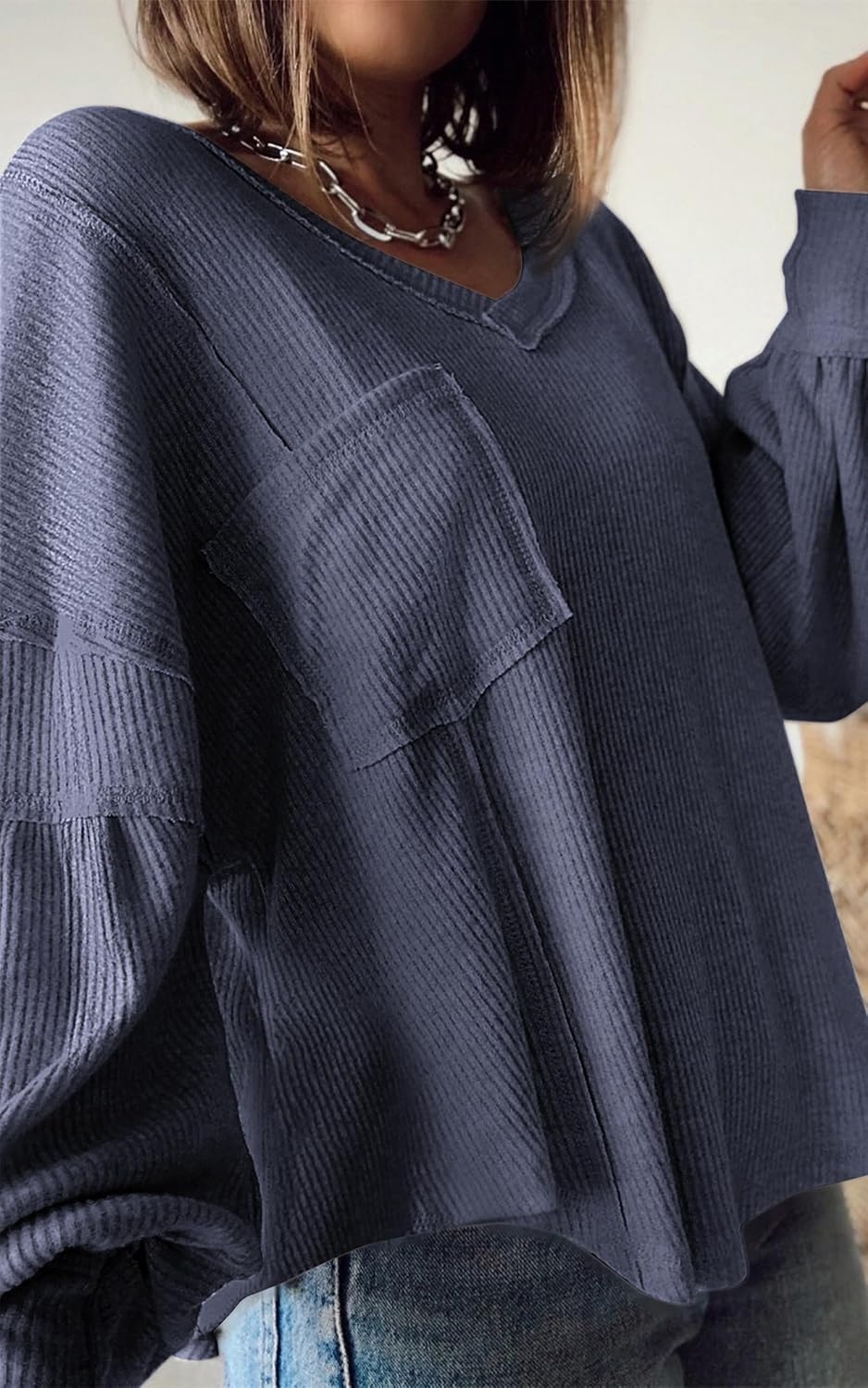 image:imageBTFBM Long Sleeve Shirts for Women 2026 Fall TopsSolid Dark Grey Blue