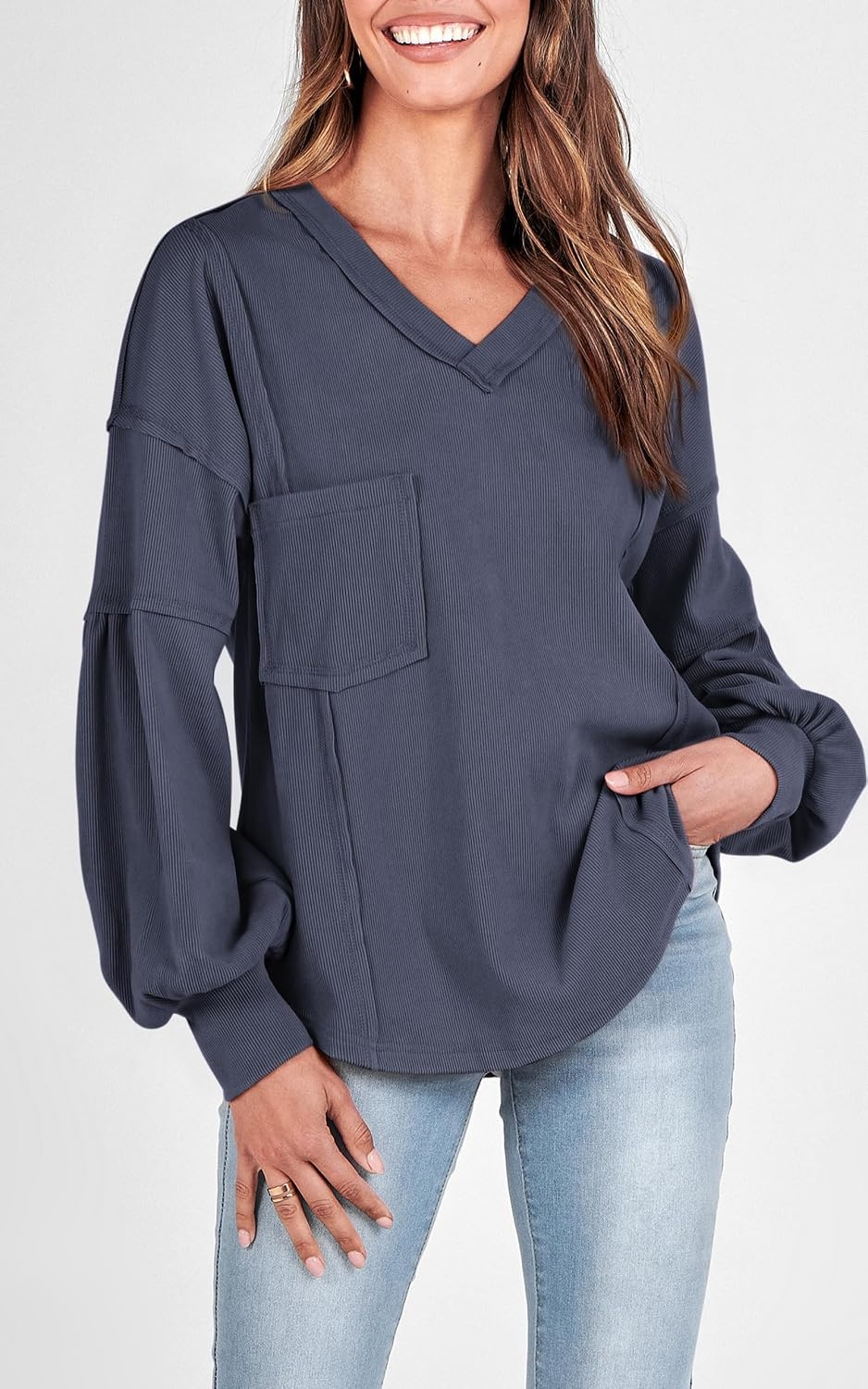 image:imageBTFBM Long Sleeve Shirts for Women 2026 Fall TopsSolid Dark Grey Blue