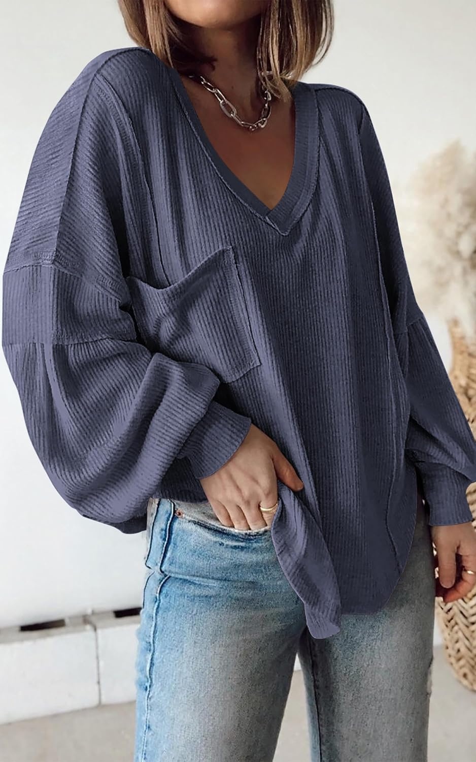 image:imageBTFBM Long Sleeve Shirts for Women 2026 Fall TopsSolid Dark Grey Blue