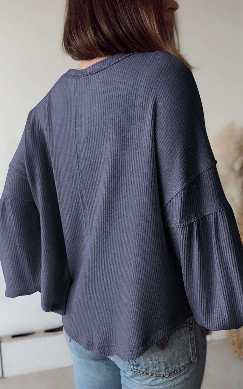 image:imageBTFBM Long Sleeve Shirts for Women 2026 Fall TopsSolid Dark Grey Blue
