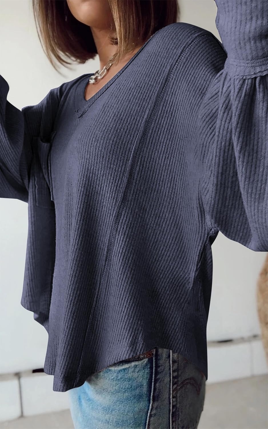 image:imageBTFBM Long Sleeve Shirts for Women 2026 Fall TopsSolid Dark Grey Blue