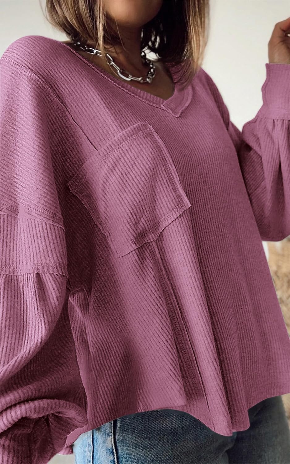 image:imageBTFBM Long Sleeve Shirts for Women 2026 Fall TopsSolid Dusty Pink