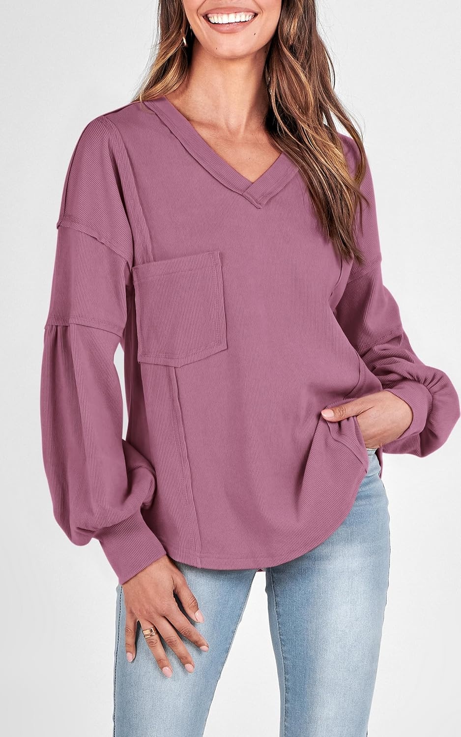 image:imageBTFBM Long Sleeve Shirts for Women 2026 Fall TopsSolid Dusty Pink