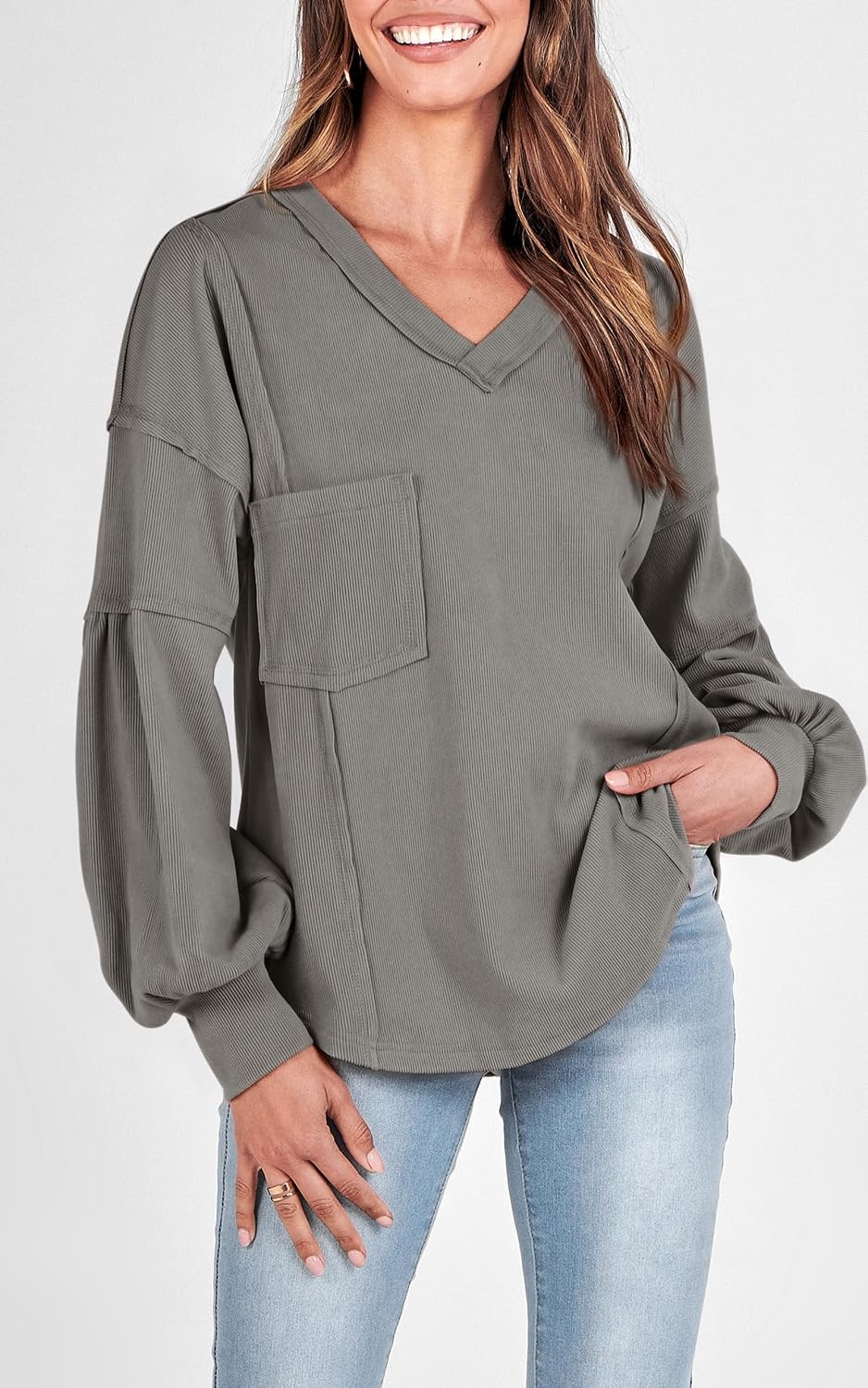 image:imageBTFBM Long Sleeve Shirts for Women 2026 Fall TopsSolid Grey
