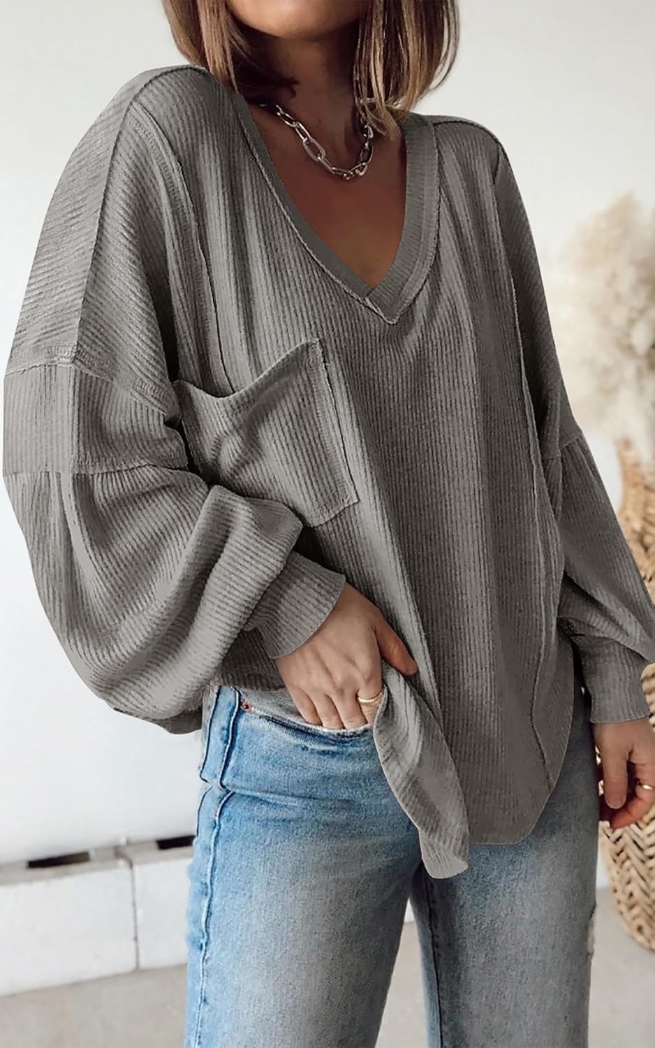 image:imageBTFBM Long Sleeve Shirts for Women 2026 Fall TopsSolid Grey